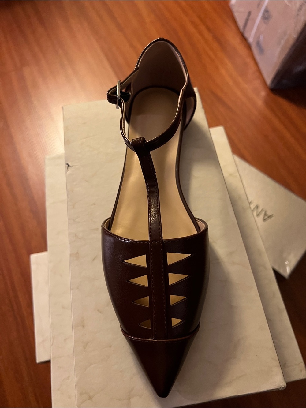 Pointed Toe T-Strap Flats Ankle Strap Genuine Leather Low Heel Pumps Closed Toe - Picture 6 of 9